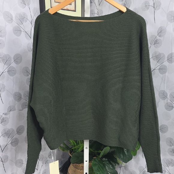 Halara Olive Green Ribbed Boat Neck Sweater - Dolman Sleeve - Picture 4 of 9